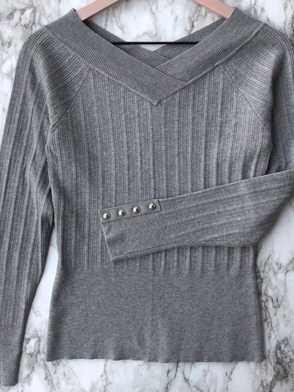 WHBM Heather Gray Double V Neck Stretch Sweater Top Small
